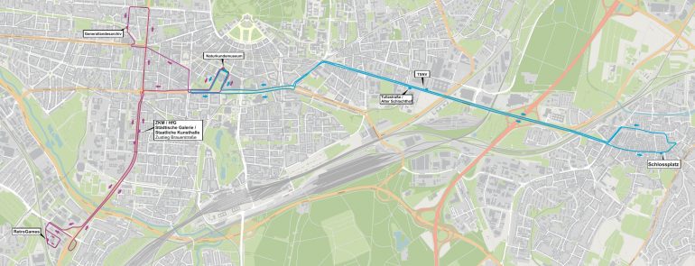 Stadtplan von Karlsruher Shuttlebus-Linien zur Karlsruher Museumsnacht
